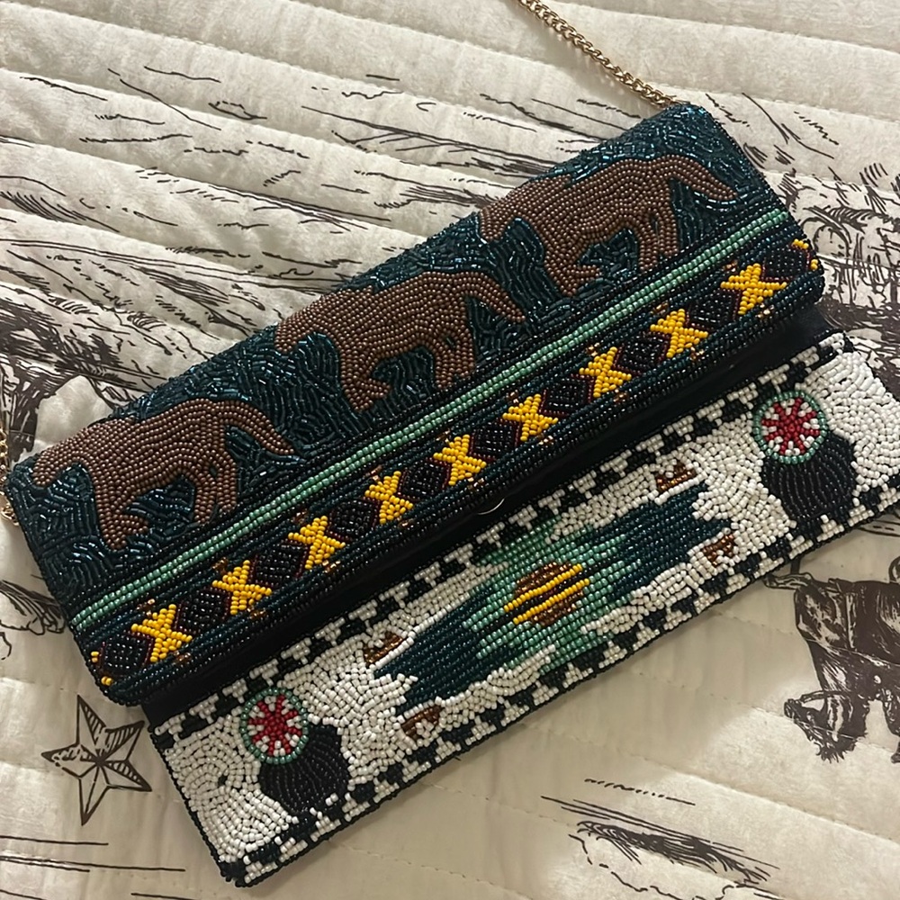 Beaded Elephant & Tribal Print Clutch — Teal Multi